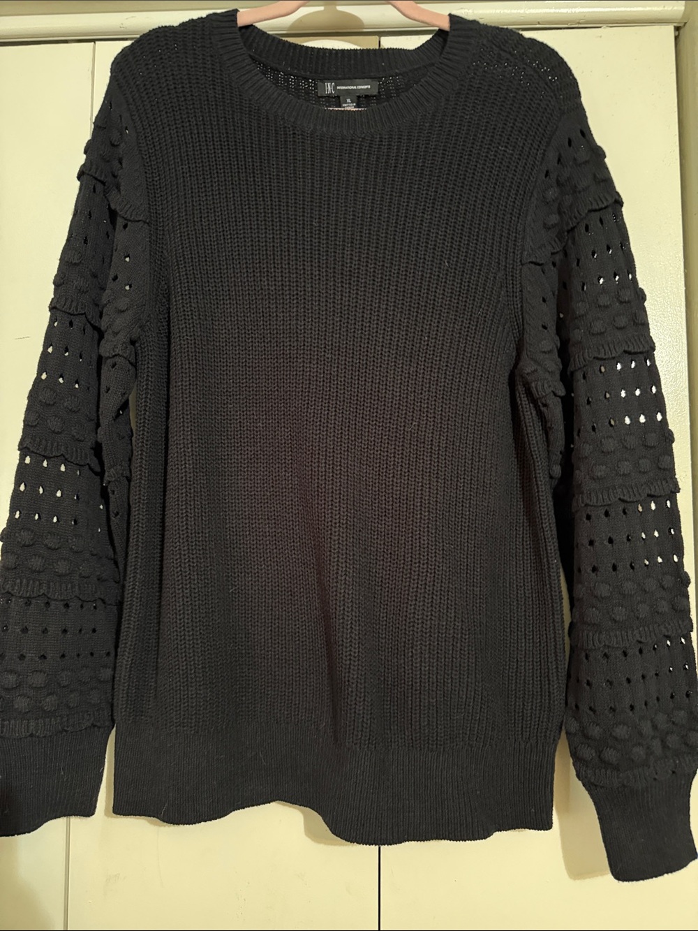 INC International Concepts Black Crewneck Sweater with Textured Openwork Sleeves